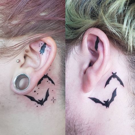 Bat Tattoo Behind Ear, Small Bat Tattoo, Gold Tattoo Ink, Behind Ear Tattoo Small, Rose Gold Tattoo, Inner Ear Tattoo, Tattoo Behind Ear, Bat Tattoo, Fantasy Tattoos