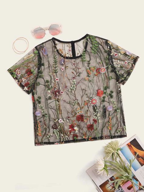 Floral Embroidery Mesh Tee | SHEIN USA Sheer Mesh Top, Backless Crop Top, Fashion Tops Blouse, Ropa Diy, Pantalon Large, Shein Style, Sheer Fabrics, Floral Shirt, Fashion Tops