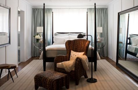 Four Poster Bed: Usher In The Holiday Retreat Vibe! Bed Infront Of Window, Bed Against Window, Bed In Front Of Window, Window Behind Bed, Bed Placement, Toronto Interior Design, Big Mirror, Bilik Tidur, Big Windows