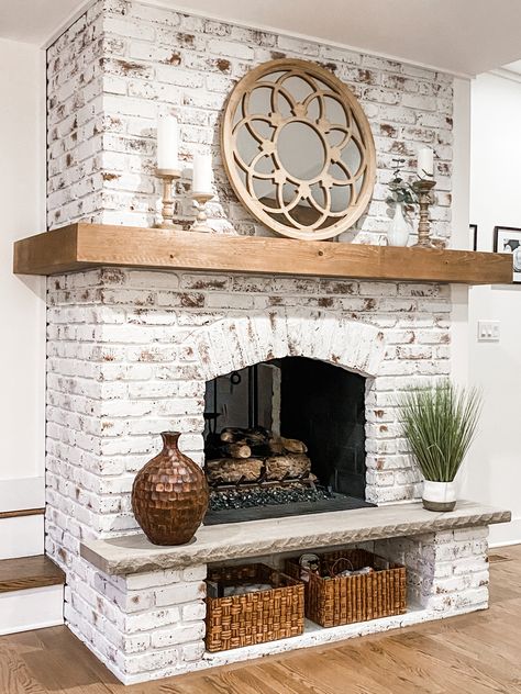 Whitewashed Brick Fireplace With Mantle, Building A Mantle Over Brick, White German Smear Fireplace, Whitewash Brick Fireplace Diy, Whitewash Fireplace Brick, Wood Mantel On Brick Fireplace, Brick Fireplace Mantle Ideas, White Brick Fireplace Decor, White Fireplace Brick