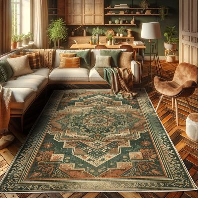 Green;hunter Green Peach;peach Rectangle 4' x 5'7" Area Rug - Ambesonne Oriental Boho High Density Long Fiber Poly Threads Decorative Area Rug Carpet 66.93 x 48.03 x 1.18 in greenPolyester | Wayfair -  #Ambesonne #Area #Boho #Carpet #Decorative #Density #Fiber #Green #Greenhunter #greenPolyester #High #Long #Oriental #Peachpeach #Poly #Rectangle #Rug #Threads #Wayfair Boho Entertainment Room, Fall Decorations Inspiration, Boho Rugs For Living Room, Green Checker Rug, Rust And Green Rug, Green Sofa With Rug, Burnt Orange And Green Living Room Decor, Gujarati Home Decor, Green Couch Area Rug Ideas