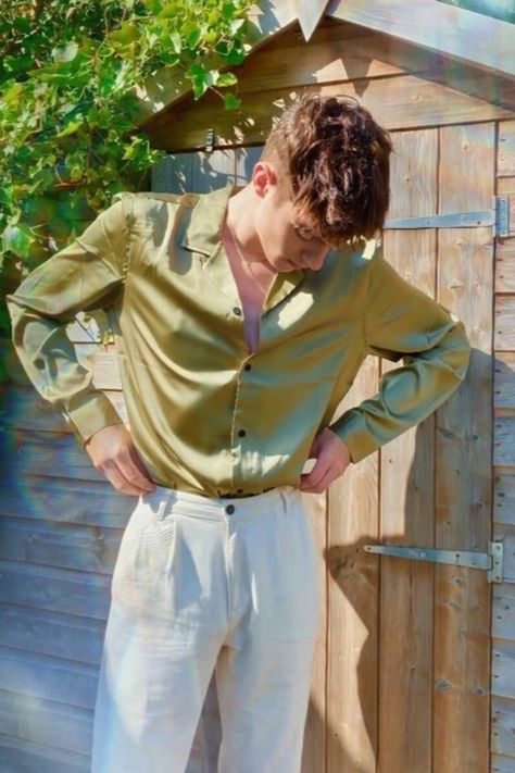 Satin Dress Shirt Men, Tea Party Mens Outfit, Ethereal Aesthetic Outfits Men, Mens Satin Shirt Outfit, Mens Garden Party Attire, Ethereal Outfit Men, Cocktail Party Outfit Men, Disco Outfit Men, Fun References