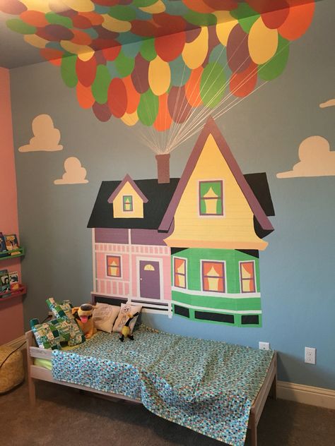 Ellie's Pixar Up themed nursery turned big girl room.  Repainted at our new house. Disney Up Bedroom Ideas, Up Room Decor Disney, Up Themed Bedroom, Pixar Up Nursery, Disney Up Nursery, Pixar Room Ideas, Pixar Themed Bedroom, Pixar Nursery Theme, Up Decorations Pixar