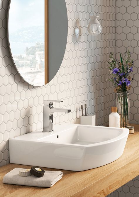 CC Mosaics tiles. Glazed Porcelain - Roca Tile USA Hexagon Mosaic Tile Bathroom, White Hexagon Tile Bathroom, Mosaic Tile Bathroom Wall, Mosaic Tile Bathroom, White Hexagon Tiles, Mosaic Bathroom Tile, Hexagon Mosaic Tile, Tiles Ideas, Ceramic Bathroom