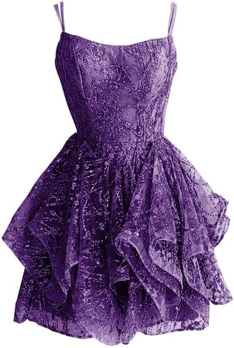 Dresses Ruffles, Prom Dress Short Lace, Homecoming Dresses For Teens, Purple Homecoming Dress, Ruffle Prom Dress, Homecoming Dresses Lace, Dress Spaghetti Straps, Short Homecoming Dresses, Spaghetti Strap Prom Dress