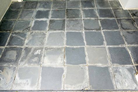 How to Paint Exterior Slate Tile - Painting Slate Tile Floors, Painting Over Tiles, Grey Slate Tile, Outdoor Tile Patio, Black Slate Tiles, Slate Patio, Slate Tile Floor, Porch Tile, Exterior Tiles