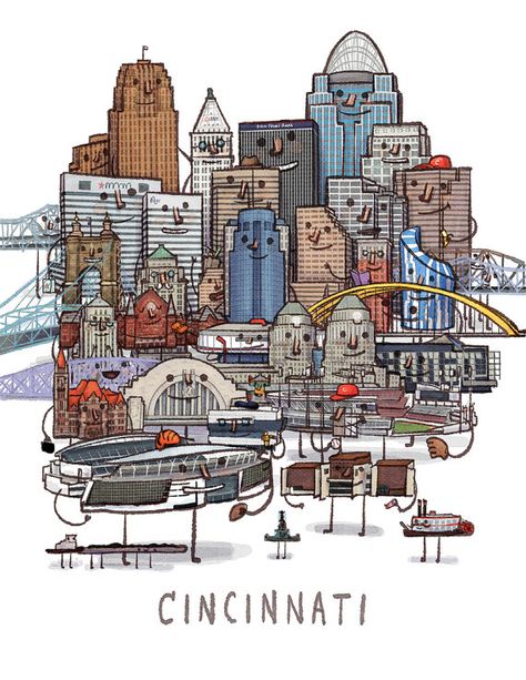 Cincinnati Tattoo, Skyline Tattoo, Cincinnati Skyline, Group Portrait, Cincinnati Art, Black And White City, University Of Cincinnati, Queen City, Illustrated Map