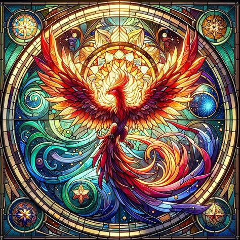 Photo fantastical phoenix stained glass ... | Premium Photo #Freepik #photo Phoenix Mosaic, Flying Phoenix Tattoo, Stained Glass Ideas, Most Beautiful Tattoos, Diy Embroidery Art, August Themes, Phoenix Artwork, Dragon Artwork Fantasy, Phoenix Design