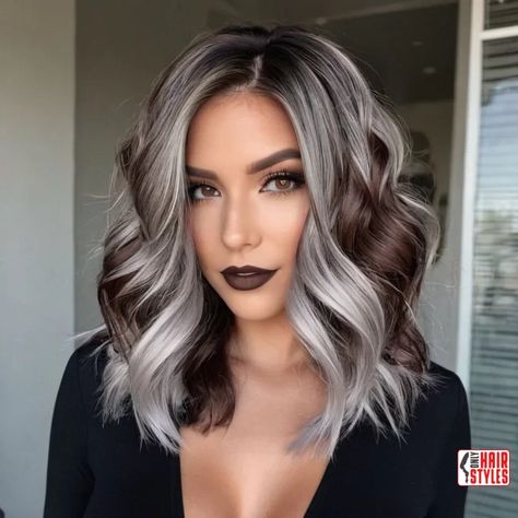 Ash Purple Balayage Gray Hair, Gray Root Balayage, Hair Color Ideas With Grey, Reverse Ombre Grey Hair, Grey To Blonde Balayage, Grey And Dark Hair Color, Fall Hair To Cover Gray, Short Dark Hair With Platinum Highlights, Reverse Balayage Ash Brown