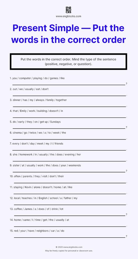 Put The Sentences In Order, Present Simple Key Words, Simple Present Tense Negative Worksheets, Sentence Order Worksheets, English Tenses Worksheets, Simple Present Tense Questions, Present Tense Worksheets With Answers, Present Simple Negative Worksheets, Word Order Worksheets