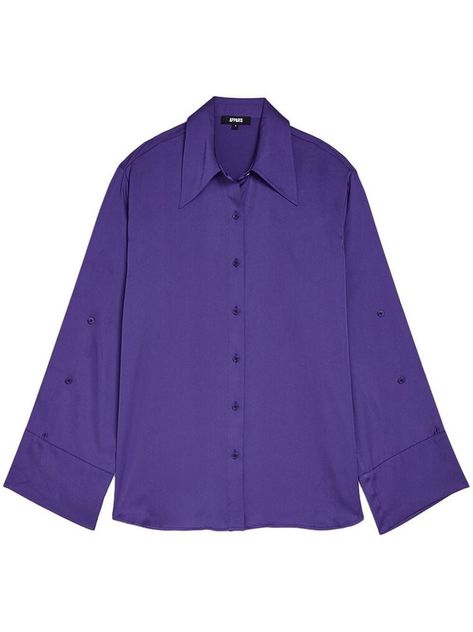 satin-finish button-up shirt from APPARIS featuring electric purple, satin finish, straight-point collar, front button fastening, long sleeves and curved hem. Purple Button Up Shirt, Electric Purple, Purple Collar, I'm Broke, Satin Long Sleeve, Vegan Brands, Purple Satin, Designer Shirts, Animal Welfare