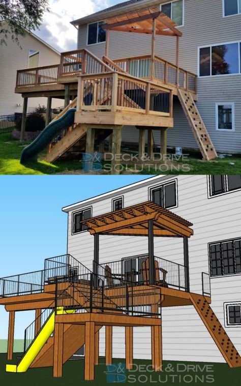 Deck Slide Ideas, Deck Slides For Kids, Tube Slide Off Deck, Slide From Deck To Yard, Fun Deck Ideas, Slide Off Of Deck, Under Deck Playhouse, Slide Off Deck, Deck With Slide