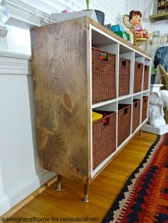 really interesting wood grain on side of made over cubby organizer Ikea Cubby, Ikea Cube Shelves, Etagere Kallax Ikea, Ikea Cubes, Shelf Makeover, Cubby Organizer, Cube Furniture, Ikea Kallax Shelf, Cube Shelf