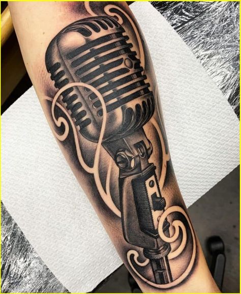 Music Mic Tattoo, Cool Music Tattoos, Microphone Tattoo Design, Tattoos For Music Lovers Unique, Music Tattoos Men, Tattoos For Music Lovers, Music Tats, Mic Tattoo, Music Related Tattoos