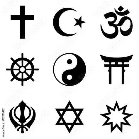 Stock Image: Symbols of World religions. Nine signs of major religious groups and principle religions. Christianity, Islam, Hinduism, Buddhism, Taoism, Shinto, Sikhism, Judaism, Bahai Faith. Illustration. Vector. Faith Illustration, Symbols Of Islam, Meaningful Artwork, Bahai Faith, Christian Symbols, Religious Symbols, World Religions, Free Illustration, Journal Gift