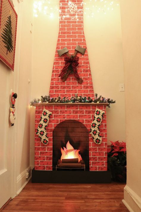 Diy Fireplace Christmas, Christmas Fireplace Diy, Vintage Christmas Fireplace, Fireplace Christmas Decor, Diy Christmas Fireplace, Christmas Fireplace Mantels, Cardboard Fireplace, Fireplace Diy, Fireplace Christmas