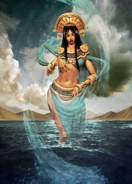 Ixchel, Mayan goddess of the Moon, fertility, medicine, weaving, rainbows, songs and childbirth. Ixchel also watches over bodies of water, such as lakes, lagoons, natural wells (cenotes), underground rivers and the ocean, thus receiving such names as "Lady of the Sea". ~MoonRaven~ Ancient Gods, Beautiful Wings, Water Witch, Goddess Of The Sea, Historia Universal, Aztec Art, Belek, Drawing Pad, Sacred Feminine