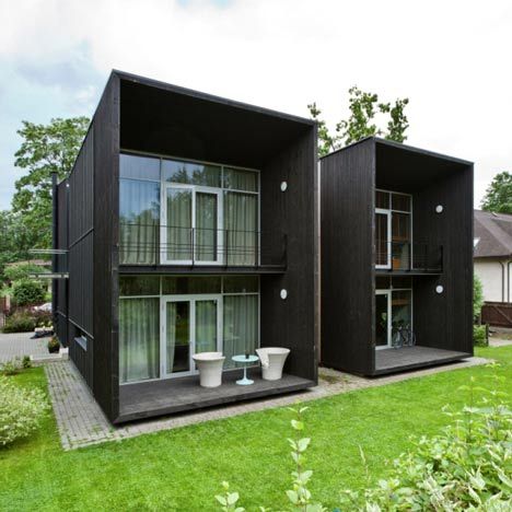 Two homes in Latvia Modern Village, Inspiring Homes, Black Houses, Hotel Ideas, Addition Ideas, Fancy Fabric, Minimal House Design, Casa Container, Box Houses