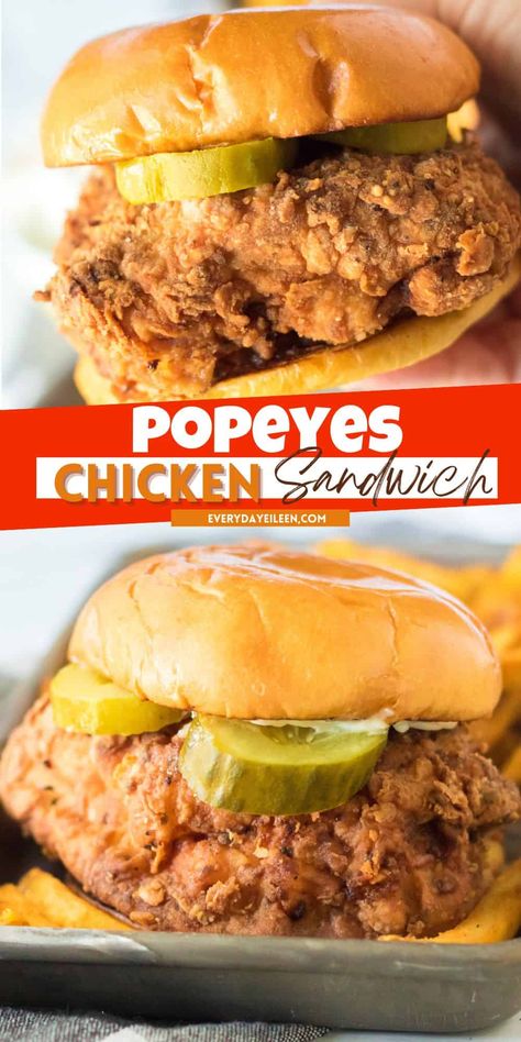 A homemade version of a copycat Popeyes chicken sandwich that has been perfectly seasoned and fried on a brioche bun with pickles. This DIY popeyes chicken recipe is affordable and so much more flavorful and delicious than any store-made version. Great for easy dinners, tailgating, picnics, or anytime you want a fantastic fried chicken sandwich. Popeyes Recipes, Popeyes Chicken Recipe, Copycat Popeyes Chicken Sandwich, Chicken Patty Sandwich, Copycat Popeyes Chicken, Kfc Recipes, Homemade Chicken Sandwich, Popeyes Spicy Chicken Recipe, Popeyes Chicken Sandwich Recipe