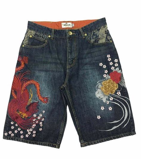 Mens Jeans Shorts Capri Denim Japanese Pattern Embroidery Phoenix Suzaku Bird Mode Hippie, Kleidung Diy, 2000s Fashion Outfits, Pattern Embroidery, Swaggy Outfits, Dolce E Gabbana, Mode Inspo, Saturday Sunday, Short En Jean