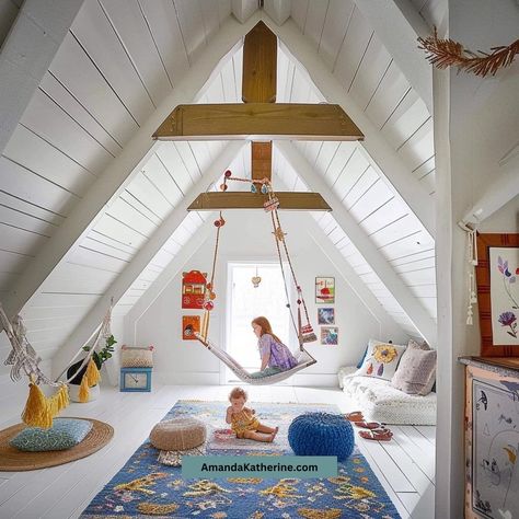 40 Fun Kids Playroom Ideas That Are Aesthetically Pleasing - Amanda Katherine Attic Turned Playroom, Bonus Attic Room Ideas, Garage Loft Room, Attic Playroom Ideas Sloped Ceiling Slanted Walls, Slanted Ceiling Playroom Ideas, Playroom With Slanted Ceiling, Slanted Ceiling Playroom, Attic Study Room Sloped Ceiling, Vaulted Ceiling Playroom