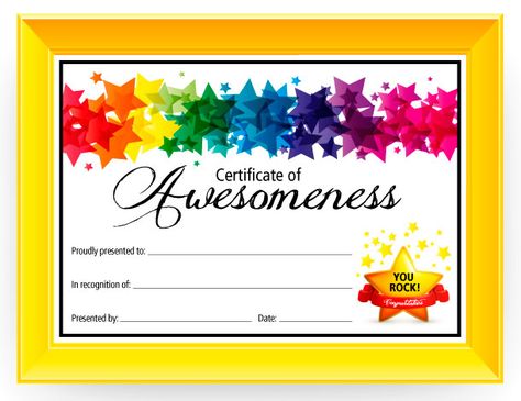 Use this free printable Certificate of Awesomeness to show your child how proud you are of them. This generic certificate can be used for any occasion. Sports Day Certificates, Free Printable Certificate Templates, Certificate Of Recognition Template, Certificate Images, Blank Certificate Template, Free Printable Certificates, Certificate Of Achievement Template, Blank Certificate, Kids Awards