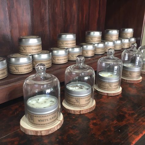 Candle in Cloche Bell Jar with Wood Slice Base Display Set | Faire.com Candle Display Retail, Candle Booth Display, Candle Store Display, Candle Booth, Farmers Market Display, Travel Tin Candles, Candle Display, Apothecary Candles, Artisan Candles