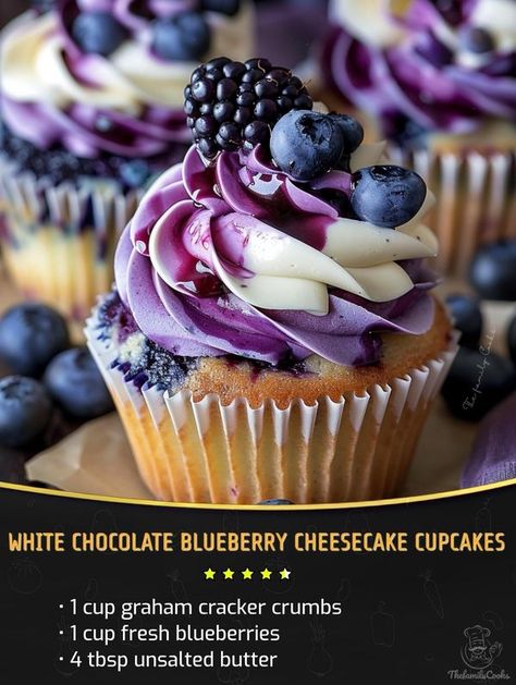 Kylie Recipes | White Chocolate Blueberry Cheesecake Cupcakes | Facebook White Chocolate Blueberry Cheesecake, Chocolate Blueberry Cheesecake, Blueberry Cheesecake Cupcakes, Blueberry Desserts Recipes, Chocolate Blueberry, White Chocolate Cheesecake, Blueberry Desserts, Cheesecake Cupcakes, Blueberry Cheesecake