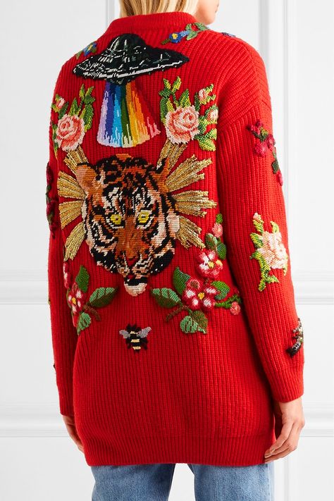 MUST HAVE: GUCCI Embellished ribbed merino wool cardigan Gucci Cardigan, Cool Coats, Embellished Cardigan, Embroidery Sweater, Embellished Sweaters, Quirky Fashion, Merino Wool Cardigan, Embroidered Cardigan, Woven Raffia