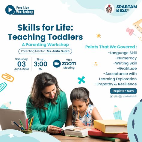 Are you looking for a parenting workshop that will teach you how to teach your toddler life skills? We Will Cover 6 Important 👇Life Skills to Toddler : 🔸 Language Skill 🔸 Numeracy 🔸 Writing Skill 🔸 Gratitude 🔸 Acceptance with Learning Exploration 🔸 Empathy & Resilience Schedule : 🕓 3 June 2023 Saturday 3:00 pm to 5:00 pm Register Now: https://bit.ly/3komD4i #liveworkshop #workshop #tips #tricks #toddlers #life #momlife #toodler #toddlermom #topics #instagram #spartankids #flashcards Important Life Skills, Writing Skill, Parenting Workshop, Kids Workshop, Teaching Toddlers, Primary Education, Toddler Mom, Numeracy, Toddler Life