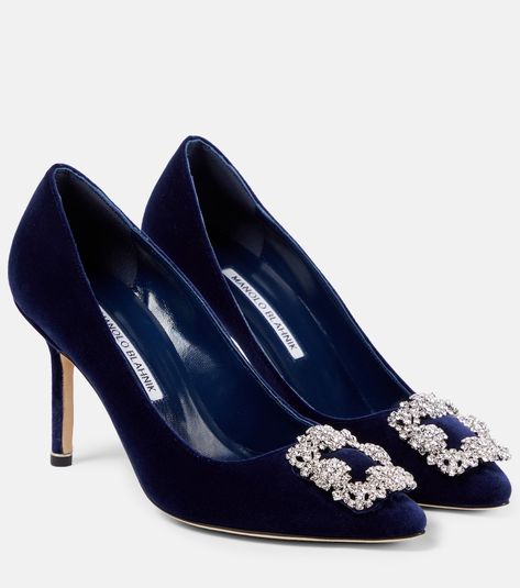 Hangisi 90 embellished velvet pumps in blue - Manolo Blahnik | Mytheresa Blue Manolo Blahnik Shoes, Manolo Heels, Manolo Blahnik Blue, Navy Blue Heels, Navy Heels, Manolo Blahnik Hangisi, Velvet Pumps, Manolo Blahnik Heels, Shoes Heels Classy