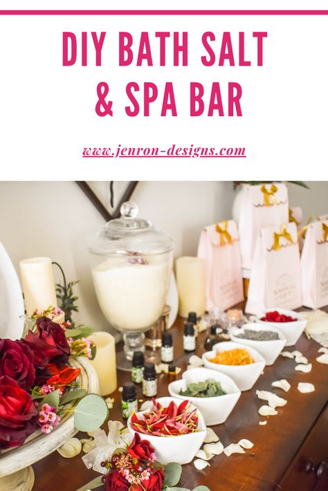 Host A DIY Spa Bar Party JENRON DESIGNS Massage Therapy Party Ideas, Bath Salt Bar Party, Holistic Party Ideas, Spa Bridal Shower Ideas, Diy Herbal Bath Salts, Spa Shower Ideas, Spa Vision, Spa Party Ideas, Hosting Era