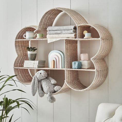 Statement Bookshelf, Nursery Shelving Ideas, Cloud Bookshelf, Amelie Room, Cloud Nursery Theme, Scandinavian Baby Room, Cottagecore Nursery, Cloud Shelves, Walker House