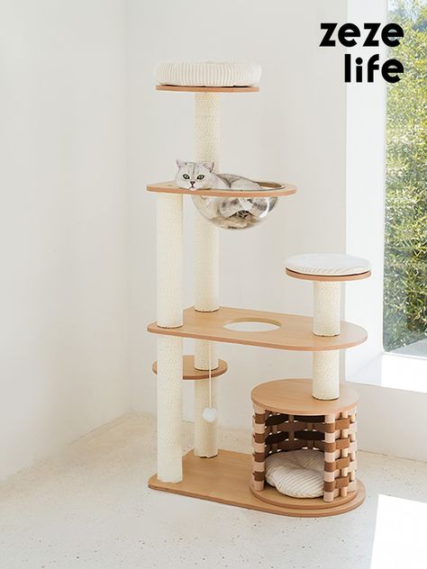 56.3 Cream Mat Wood Cat Tree - ZezeLife Wood Cat Tree, Cat Tree Designs, Cat Gym, Cow Cat, Modern Cat Tree, Cat House Diy, Cat Ball, Cat Stands, Cat Scratch