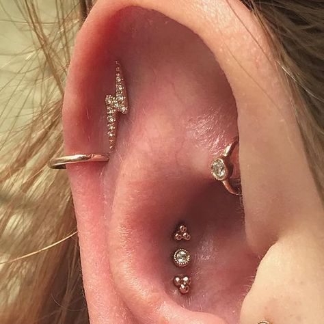 Stretched Conch, Tragus And Conch Piercing, Triple Conch Piercing, Triple Piercing, Ear Styling, Conch Piercings, Piercing Inspo, Maria Tash, Ear Style