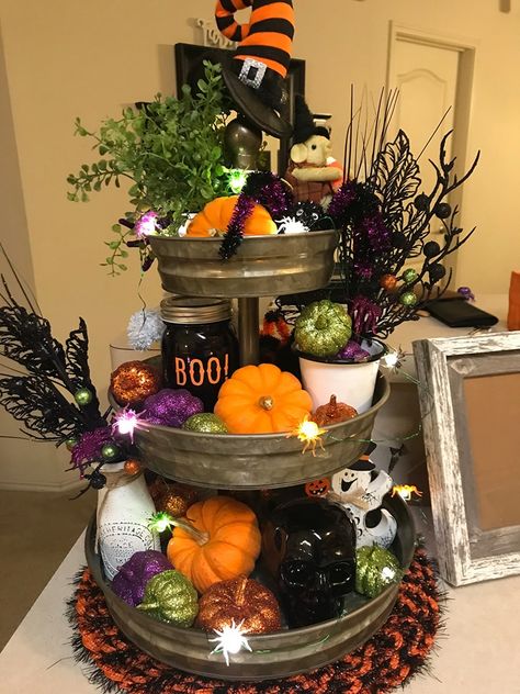 3 Tier Stand Halloween Decor, Halloween Tier Tray, Tiered Tray Decor Ideas, Halloween Tiered Tray Decor, Tray Decor Ideas, Tiered Tray Stand, Holiday Fireplace, Fall Decor Diy Crafts, Tier Trays