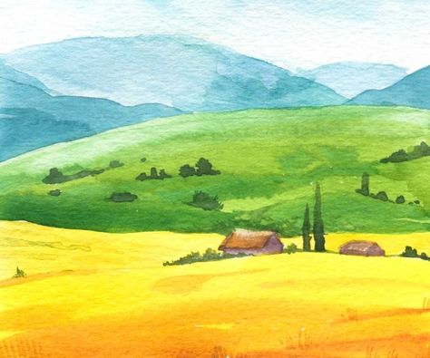 Landscape Field, Farm Fields, Farm Paintings, Watercolor Postcard, Nature Background, Watercolor Paintings Easy, Watercolor Painting Techniques, Watercolor Landscape Paintings, Watercolor Paintings Tutorials