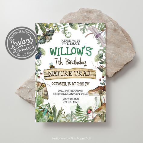 A nature theme birthday party invitation template, this can also be used for bugs themed party. Nature Themed Birthday, Woods Party, Natural Birthday Party, Nature Party, Adventure Theme, Theme Nature, Camping Birthday, Birthday Party Invitation Templates, Construction Party