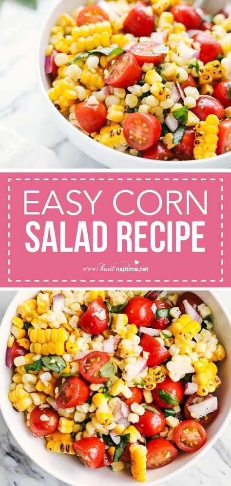 Easy Corn Salad Recipe - Light, fresh and full of flavor. This corn tomato salad has become a fast favorite and is made in just 20 minutes. The perfect salad to whip up all summer long! #salad #fresh #summer #easyrecipe #sidedish #delicious #homemade #tomatoes #recipe #iheartnaptime Corn Salad Recipe Easy, Corn And Tomato Salad, Easy Corn Salad, Corn Tomato Salad, Corn And Tomato, Fresh Corn Salad, Corn Salad Recipe, The Perfect Salad, Easy Corn