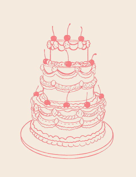 Classic wedding cake illustration with three tiers and cherries on top #weddingcake #weddingartist #illustration #weddingillustration #cakeillustration #cakedrawing 3 Tier Cake Drawing, Wedding Cake Sketch, Cake Shop Illustration, Cherry Cake Illustration, Wedding Drawing Ideas, Wedding Cake Card, Wedding Cake Doodle, Cute Graphic Design Illustration, Vintage Cake Drawing