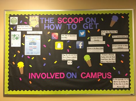 Involvement Themed Bulletin Board August Bulletin Boards, Residence Life Bulletin Boards, Resident Assistant Door Decs, Dorm Bulletin Boards, Res Life Bulletin Boards, Resident Assistant Bulletin Boards, February Bulletin Boards, Inspirational Bulletin Boards, October Bulletin Boards