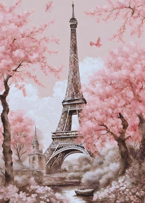 Introducing our Eiffel Tower Vintage-style painting with Cherry Blossom, a delightful artistic interpretation that brings a touch of classic charm to your home. This unique piece is not a representation of the actual scene in real life but a creative reinterpretation, making it a truly one-of-a-kind addition to your decor. With its vintage style and intricate detailing, this painting is best showcased as a wall art, adding a splash of color and elegance to any room. Vintage Cherry Blossom, Paris Background, Pink Eiffel Tower, Coffee In Paris, Barbie Vibes, Summer Wallpapers, Fav Products, Cute Summer Wallpapers, Vintage Cherry