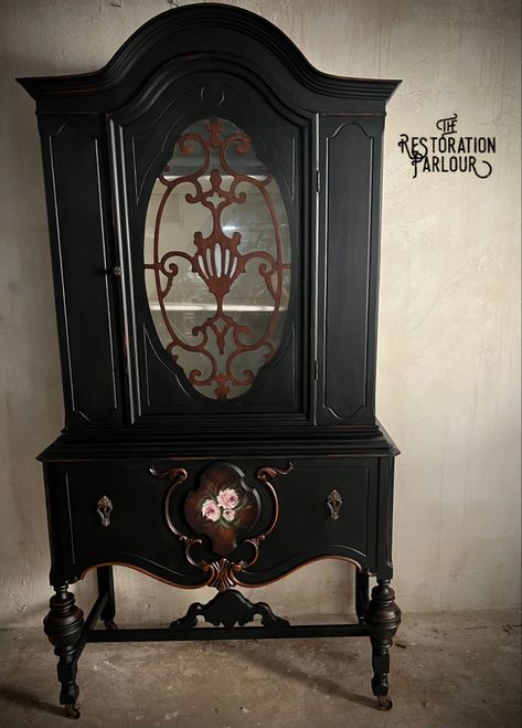 Jacobean china cabinet makeover Jacobean China Cabinet, Hutch Decorating Ideas, China Hutch Makeover, Repainted Furniture, Refinished Dresser, China Cabinet Makeover, Painted China Cabinets, Repainting Furniture, Dresser Refinish