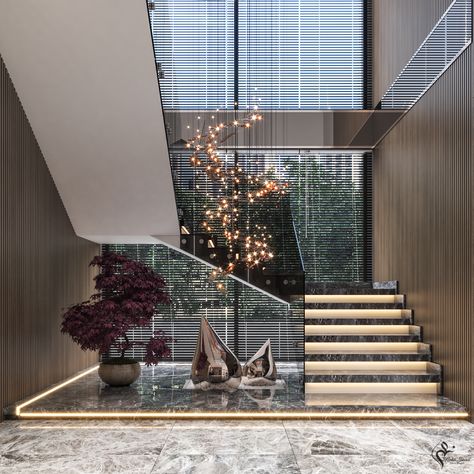 Living Area Design :: Behance Double Height Entrance Foyer Ceiling Design, Adaptable Architecture, تحت الدرج, Luxury Stairs, Minecraft Decoration, Staircase Interior Design, Luxury Staircase, Modern Stair Railing, Staircase Design Modern