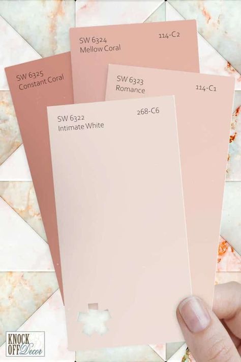 Intimate White Paint Color, Sw Mellow Coral, Sw Rachel Pink, Coral Sherwin Williams Paint, Millennial Pink Paint, Intimate White Coordinating Colors, Neutral Pink Paint Colors Sherwin Williams, Pale Pink Sherwin Williams Paint, Pale Pink Wall Color