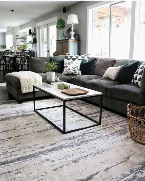 Family Room with cozy gray sectional. Charcoal Sofa Living Room, Charcoal Living Rooms, Sectional Living Room Decor, Gray Sectional Living Room, Charcoal Sofa, Grey Sofa Living Room, Grey Couch Living Room, Living Room Images, Living Room Decor Gray