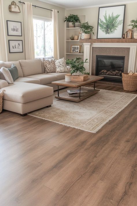 15 Flooring Trends for a Stylish Home in 2024 – Everyday Inspo Medium Brown Flooring Living Room, Light Bamboo Flooring Living Rooms, Living Room With Light Brown Floors, Floors For Small Houses, Vinyl Flooring For Living Room, Neutral Living Room Flooring, Home Decor For Dark Wood Floors, Hardwood Living Room Ideas, Hardwood Floor Living Room Decor