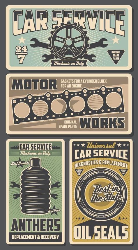 Car repairing service retro posters for garage Mechanic Decorations, Vintage Car Garage, Car Sticker Ideas, Mechanics Logo, Vintage Mechanics, Garage Logo, Logos Vintage, Mechanic Shop, Vintage Logos