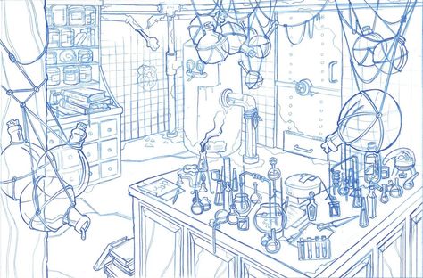 Mad Scientist Lab, Scientist Lab, Laboratory Design, Labs Art, Perspective Drawing Architecture, Bg Design, Manga Drawing Tutorials, Background Drawing, 캐릭터 드로잉