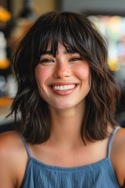 Lob With Bangs Oval Face, Medium Length Haircut With Bangs For Fine Hair, Women Bangs Haircut, Long Choppy Bob With Bangs, Textured Curtain Bangs, Long Textured Bob With Bangs, Textured Hair With Bangs, Layered Long Bob With Bangs, Lob Haircut Bangs